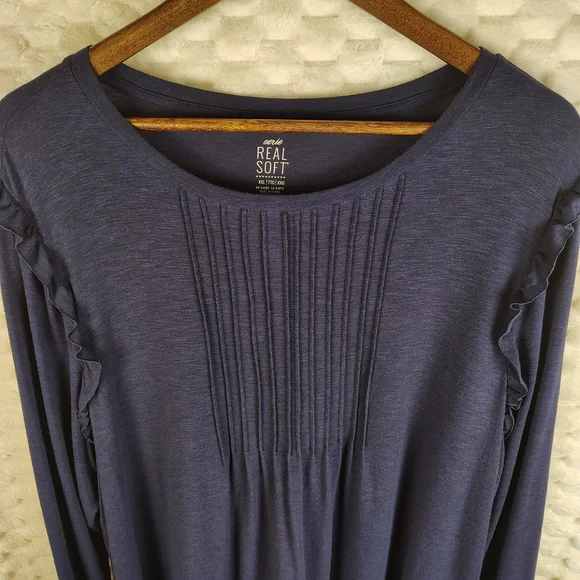 Aerie Navy Real Soft Pleated Shirt with Ruffle Accents Women's Size XXL - Picture 6 of 11